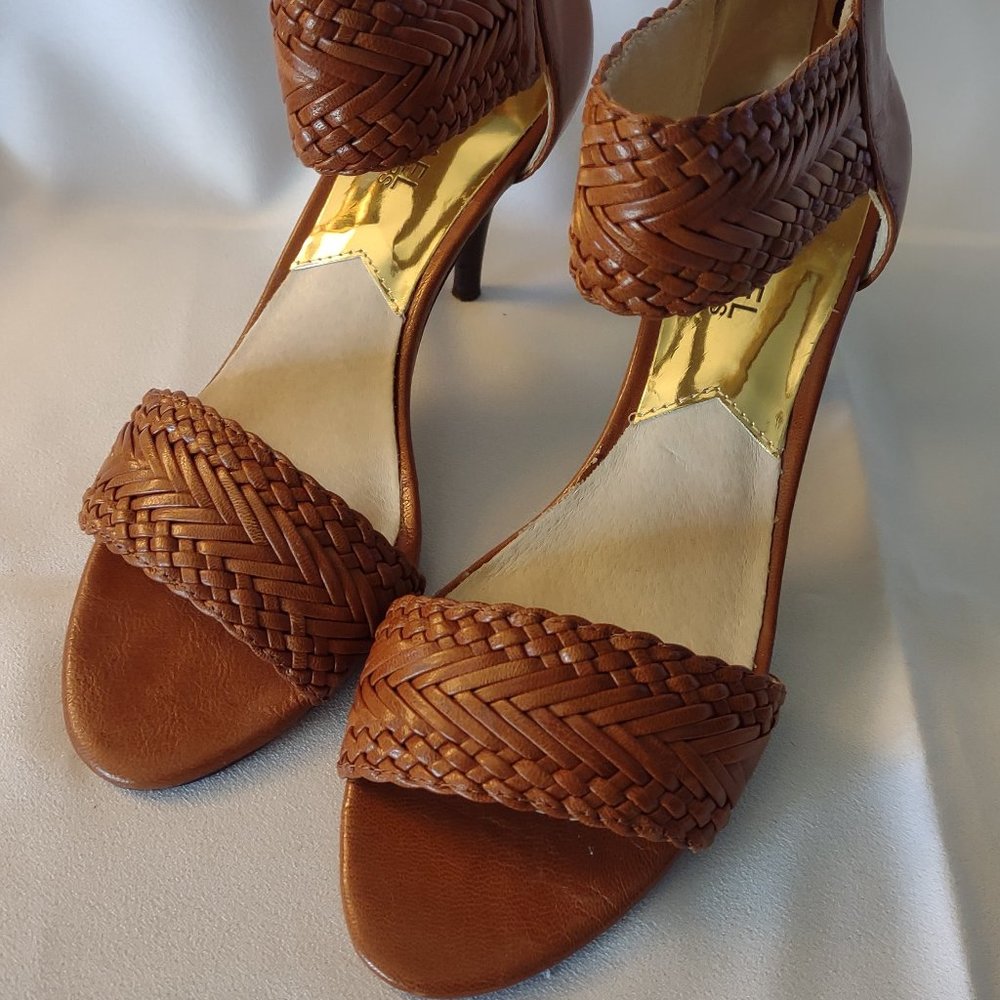 Michael Kors rear zipper brown weave open toe  3" heels, size 7.5M